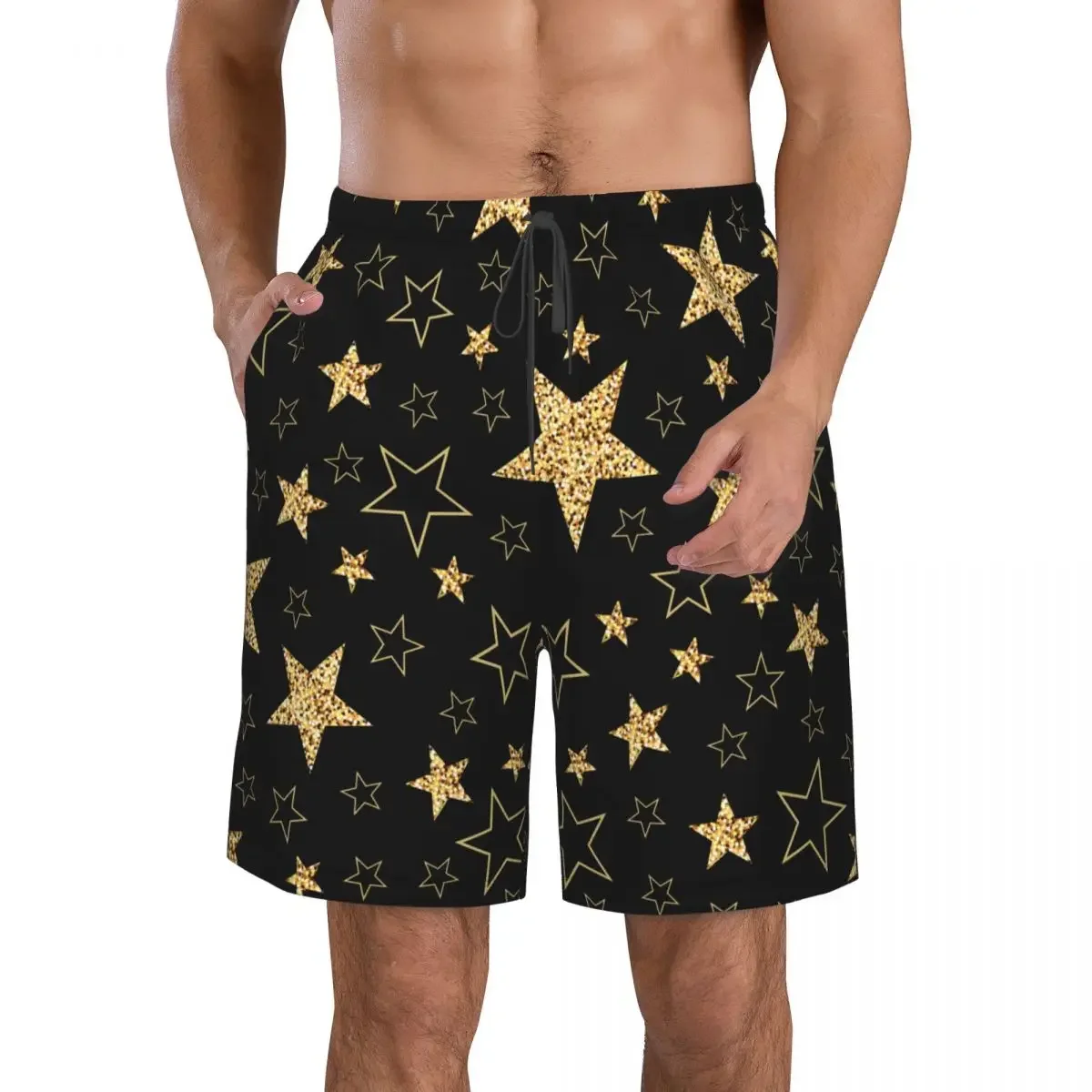 Summer Men's Swimwear Shorts Golden Stars Black Background Beachwear Swim Trunks Men Swimsuit