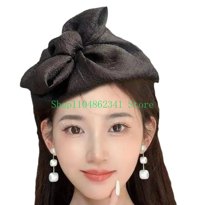 

652F Feathered Half Hat Bowknot Hairband for Female French Hairhoop Evening Dresses Haircover Vintage Party Hair Accessories