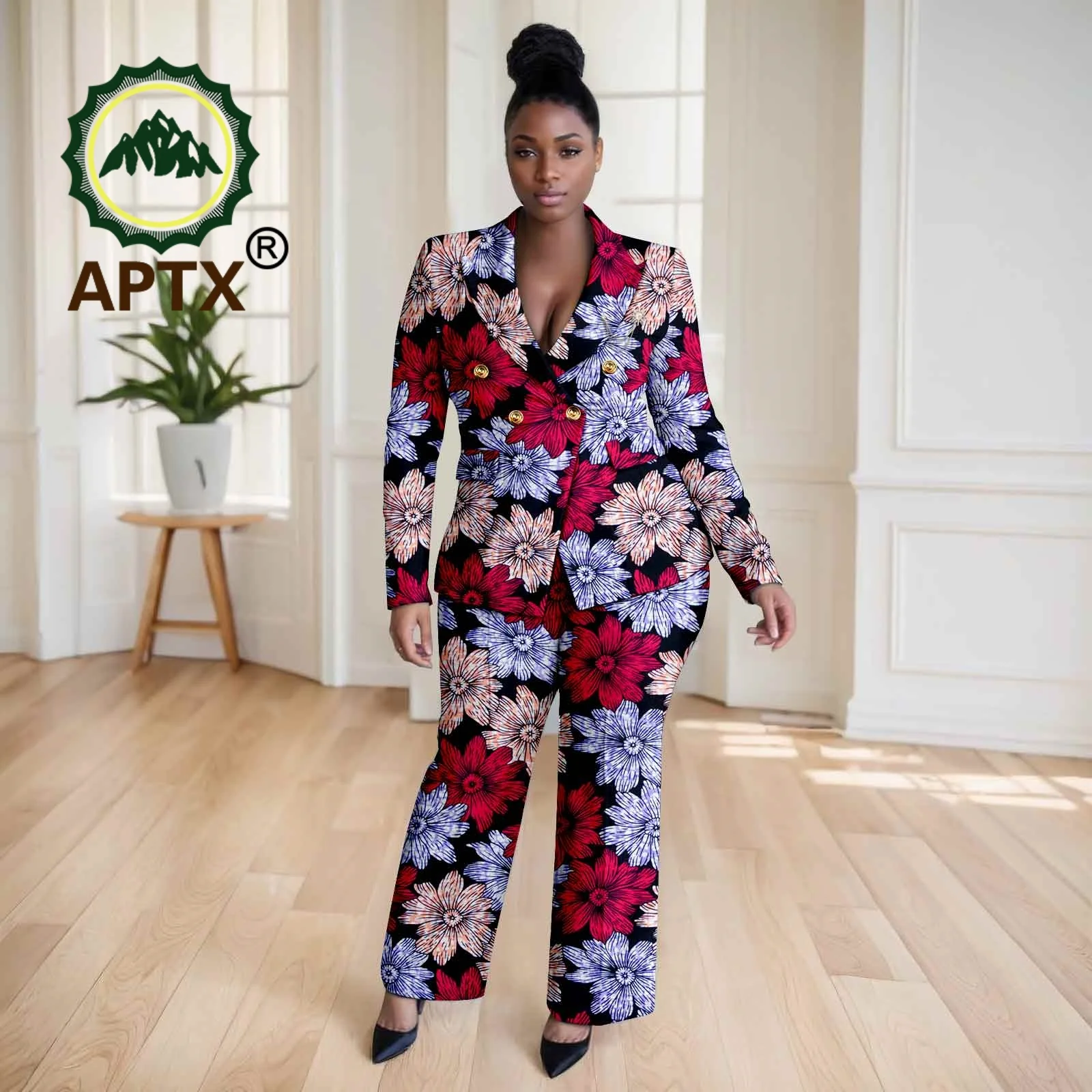 المرأة الأفريقية أنقرة مطبوعة الخامس الرقبة كم كامل بلوزات وسراويل الطابق طول قطعتين دعوى Dashiki عادية Set2526046 #2