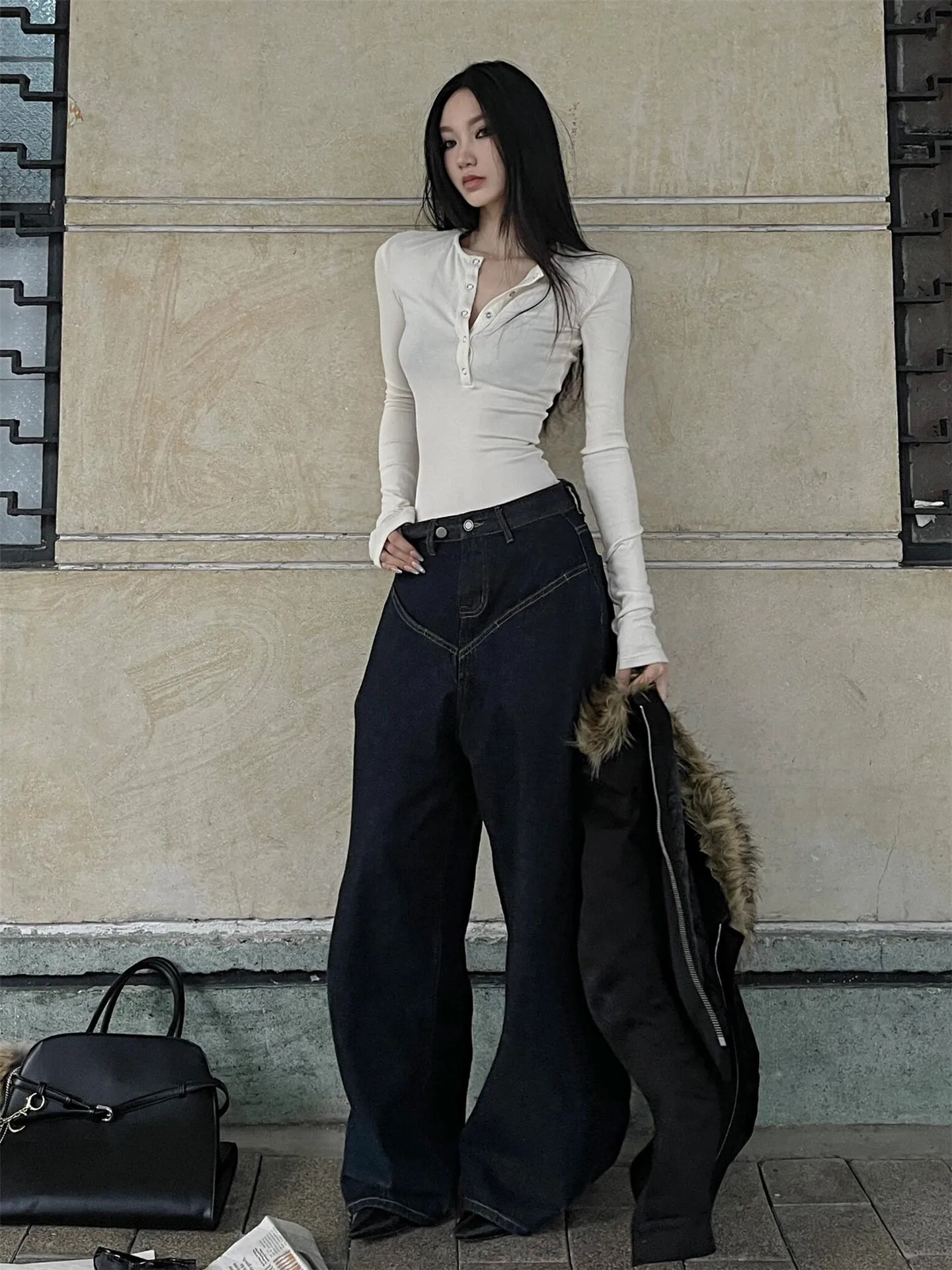 

American Retro Wide Leg Knife Jeans Women's Loose Slimming Design Tall Extended Floor Length Pants High Waist Cotton Casual