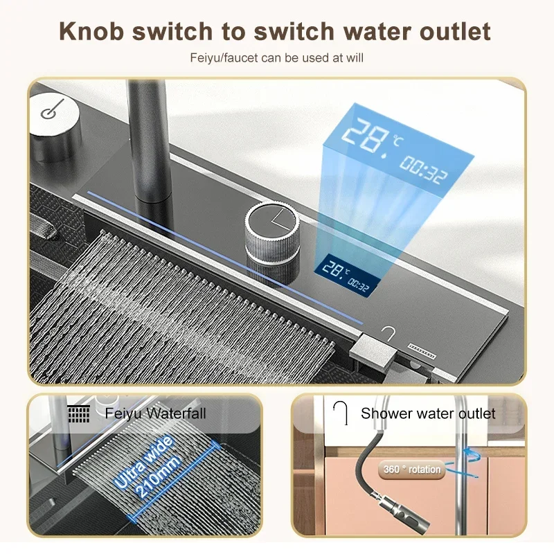Zwarte aanrecht roestvrij staal reliëf digitaal display waterval spoelbak grote enkele sleuf huishoudelijke wastafel voor keuken