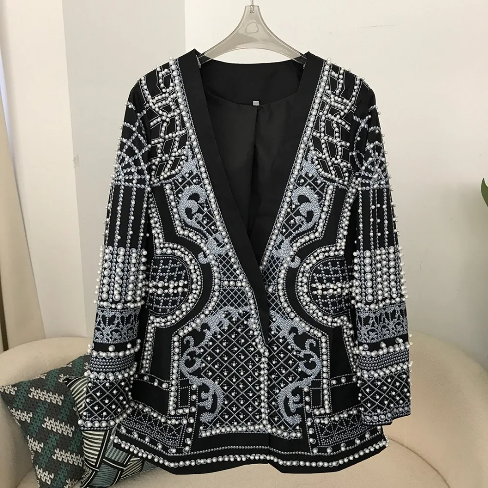 Newest 2024 Stylish Designer Jacket Women\'s V-neck Long Sleeve Luxurious Metallic Beaded Long Blazer High Street Vintage Pearls