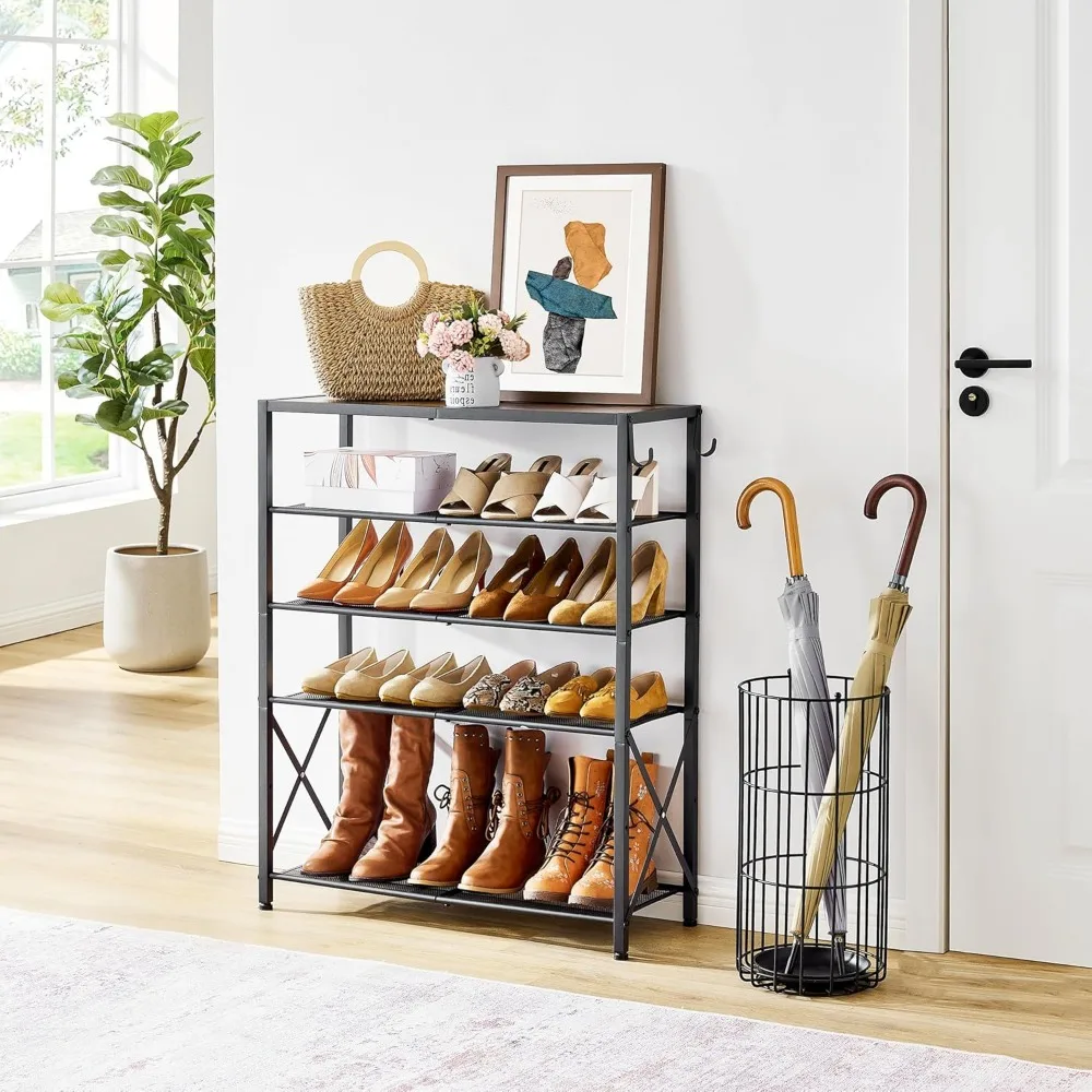 Tier Shoe Rack Organizer for 16-20 Pairs of Shoes, Front Door Shoe Rack with 2 Hooks, Metal Mesh Shoe Shelf for Entryway