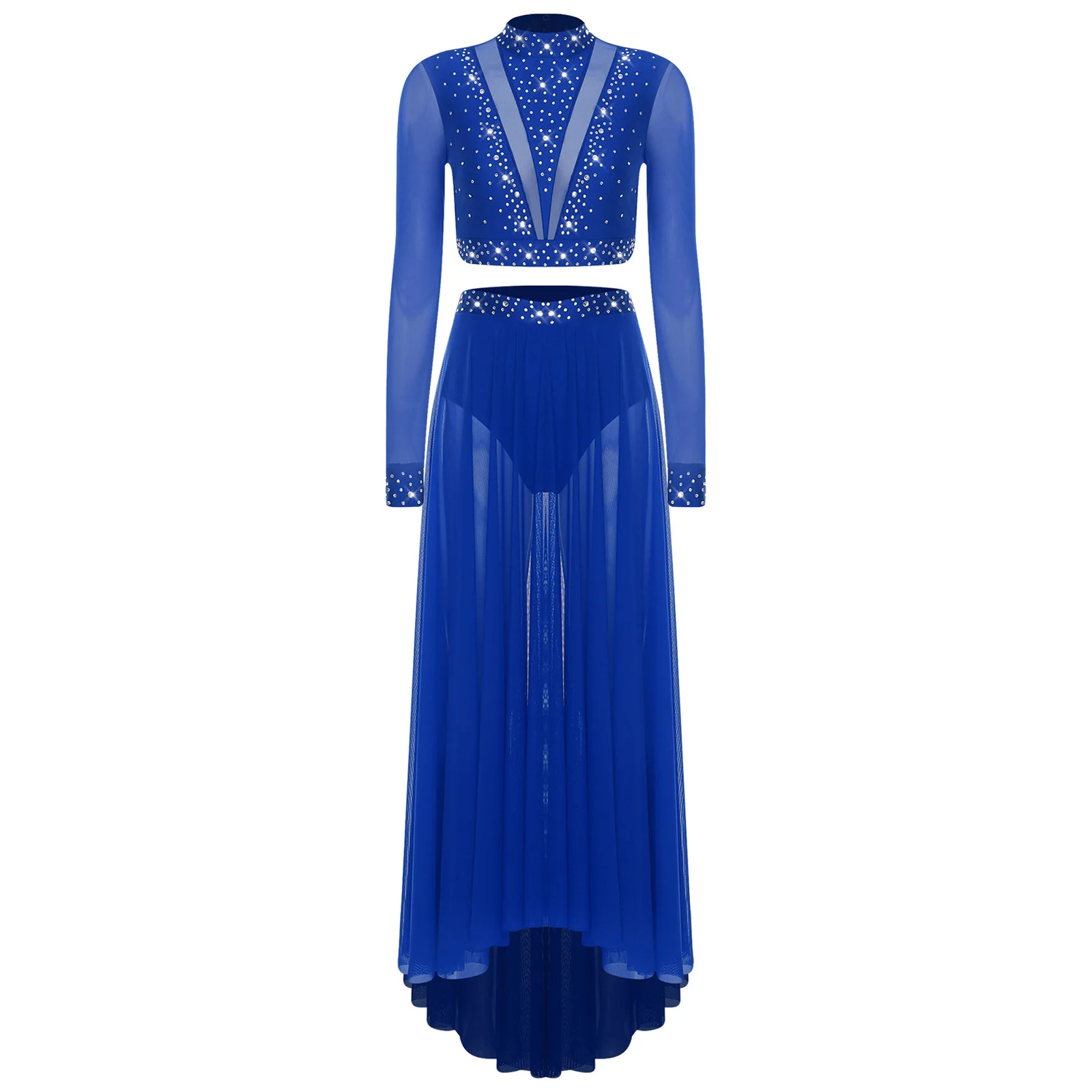 

Womens Lyrical Belly Dance Costume Half Sleeve Back Hollow Out Belly Crop Tops And High-low Mesh Hem Skirt Modern Dancewear