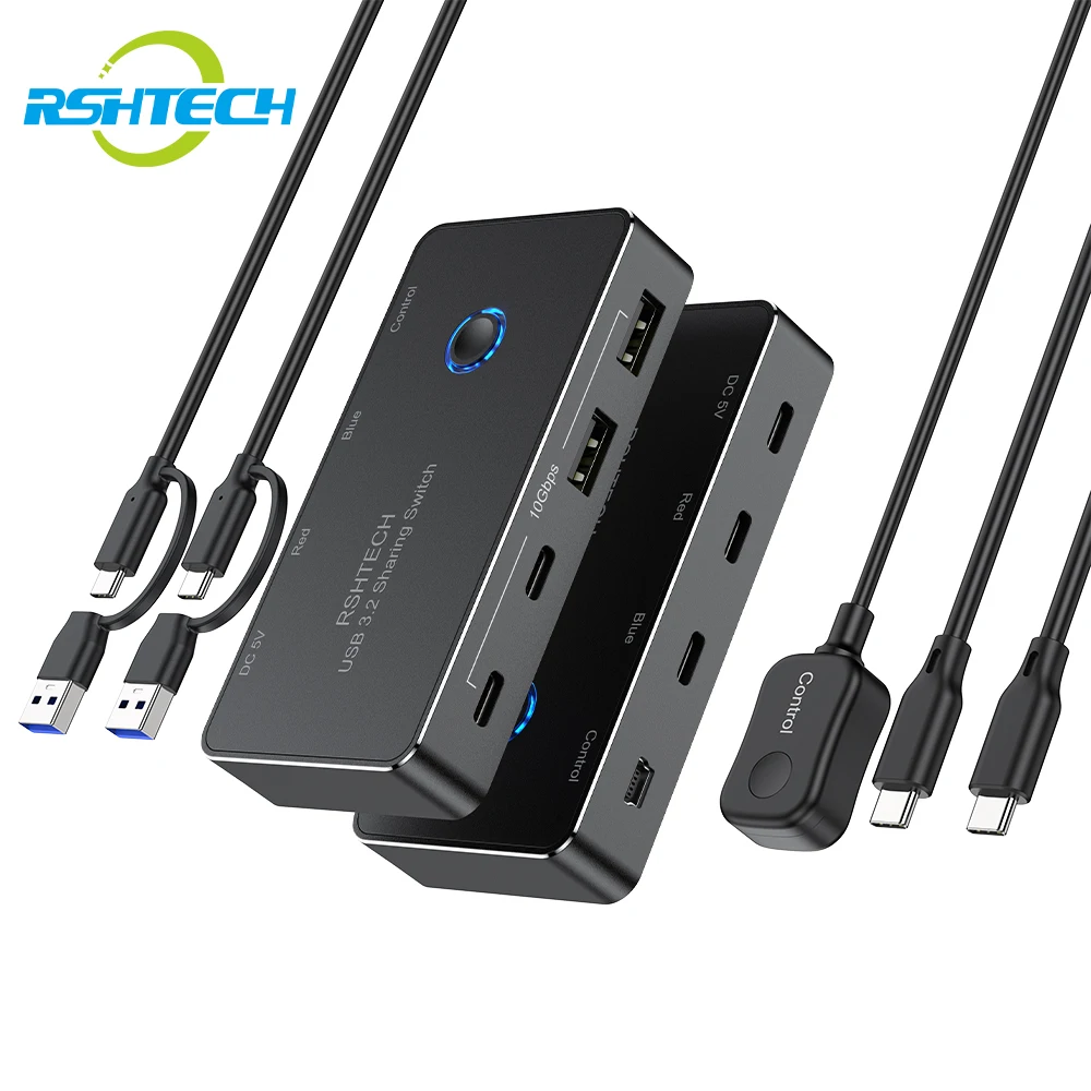 

RSHTECH USB 3.2/USB C Switch 10Gbps 2 Computers Share 4 USB 3.2 Ports Switcher Selector with 2 Cables and Controller for PC Laptop No Video Output or Charging
