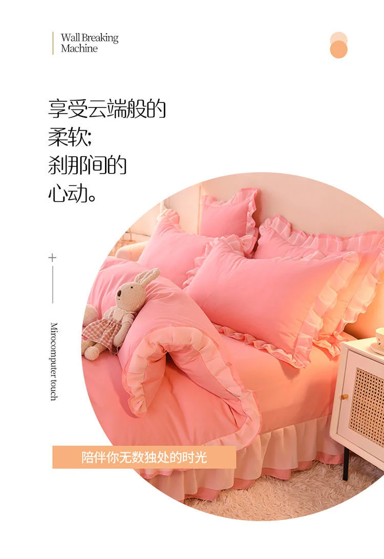 Imagem -06 - Pink Ruffle Lace Bedding Sets para Meninas Colcha de Luxo Lençol e Fronhas Roupas de Cama Macias Decoração de Casa