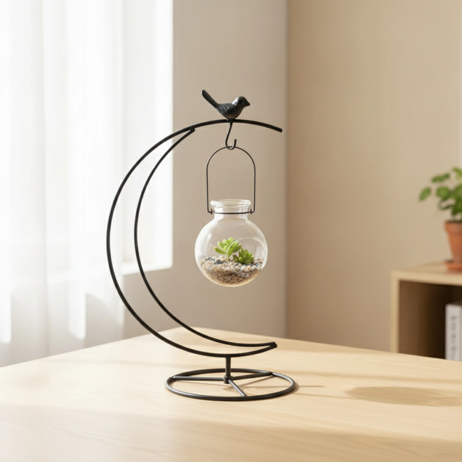 Hanging Planter Stand with Crescent-Moon Frame Compact Tabletop Hanging Stand with Bird Ornament Air Plant Holder Small Stable