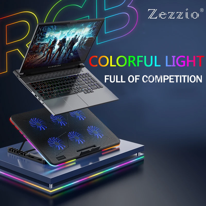 Zezzio F5 RGB Laptop Cooling Pad 12-17 Inch Laptop Cooler Stand 6 Quiet Fans 7 Angle Adjustable With Mobile Phone Holder