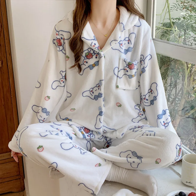 New Cinnamoroll Kawaii Cartoon Pajama Sets Winter Warm Thickened Woman Clothes Plush Homewear Cute Sleepwear Loungewear