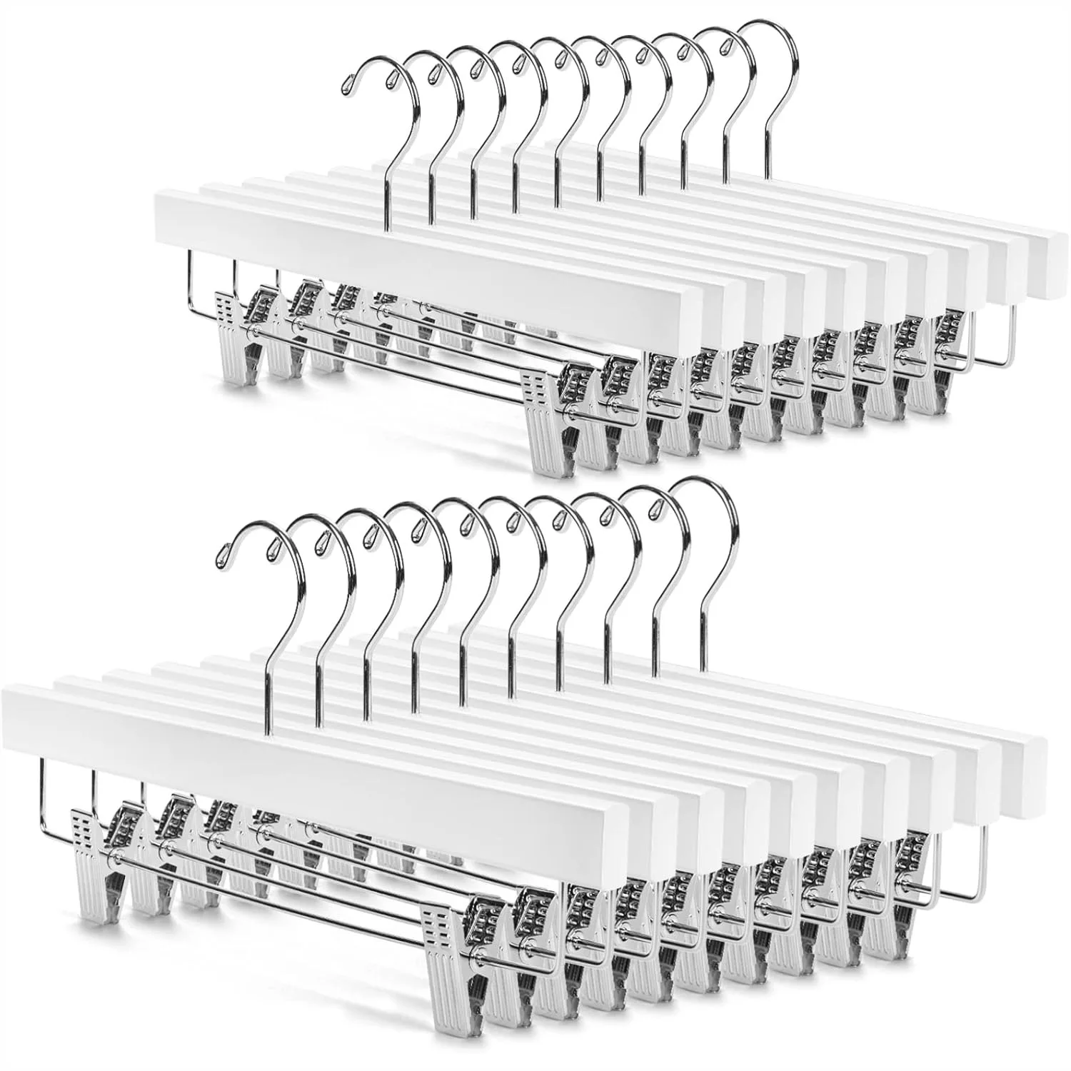 

Деревянные вешалки для брюк с регулируемыми зажимами, с основанием из массива дерева для джинсов и юбок, набор из 20 штук белого цвета - прочные и долговечные.