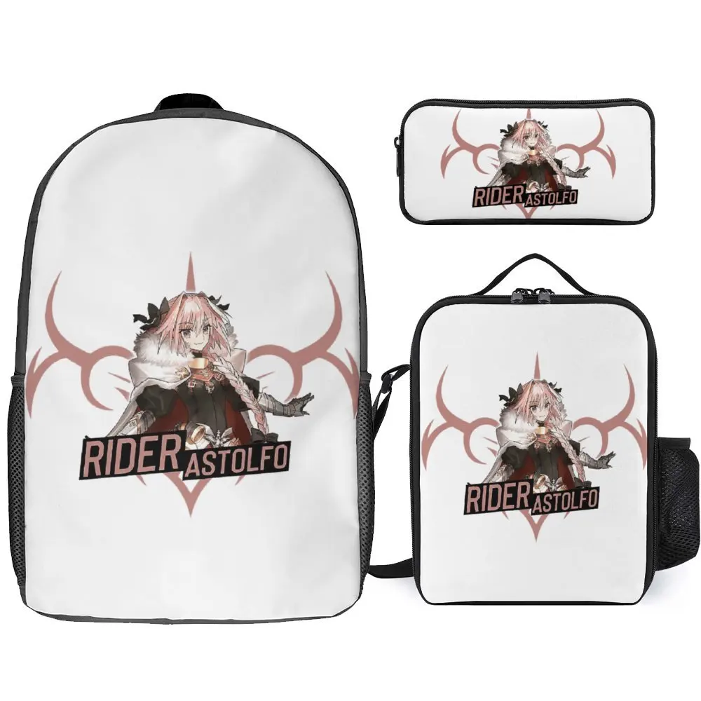 

3 in 1 Set 17 Inch Backpack Lunch Bag Pen Bag Fate Stay Night Feito Sutei Naito Game Crewneck Rider Astolfo 6 Lasting Rucksack S