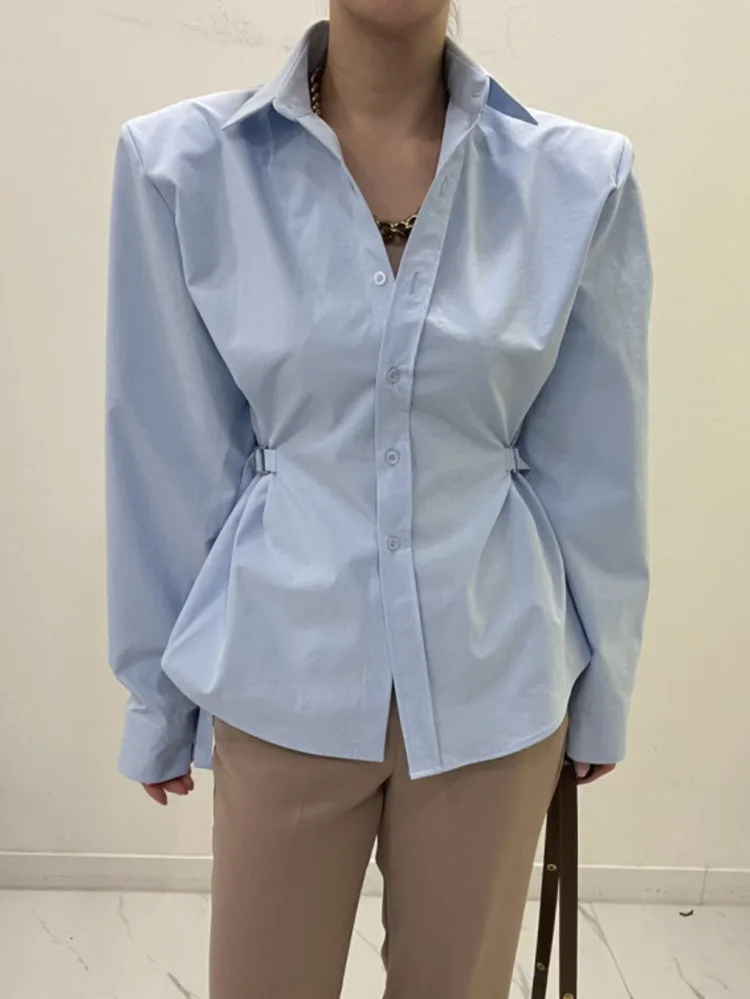 Women Minimalist Lace Up Single Breasted Shirt Solid Color Blouses 2024 Spring Autumn New Fashion Chic Long Sleeve Shirts