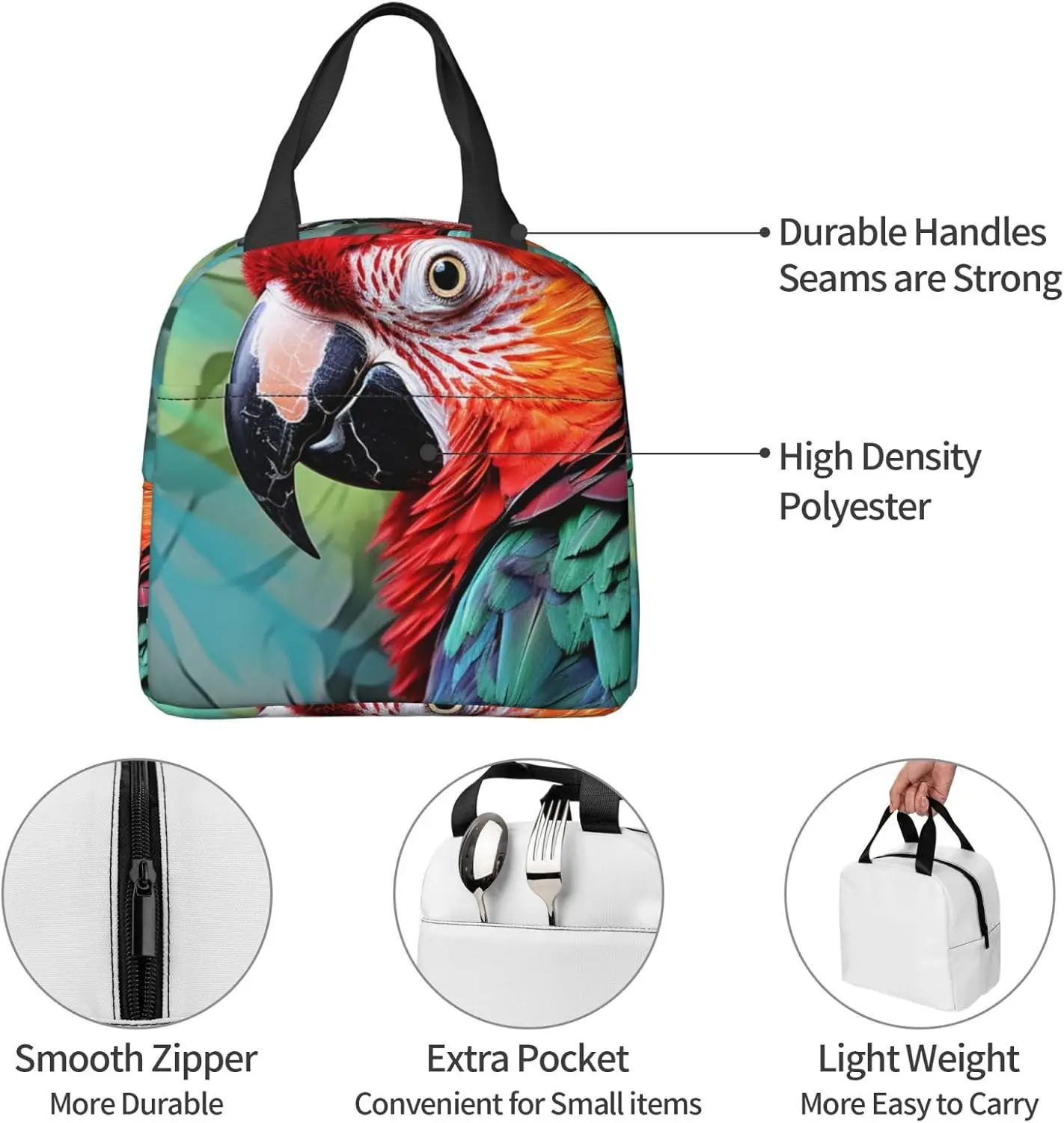 Parrot Print Lunch Bag Insulated Lunch Box For Women/Men ReusableLeakproof Cooler Bag Picnic Bag For Work Office Travel