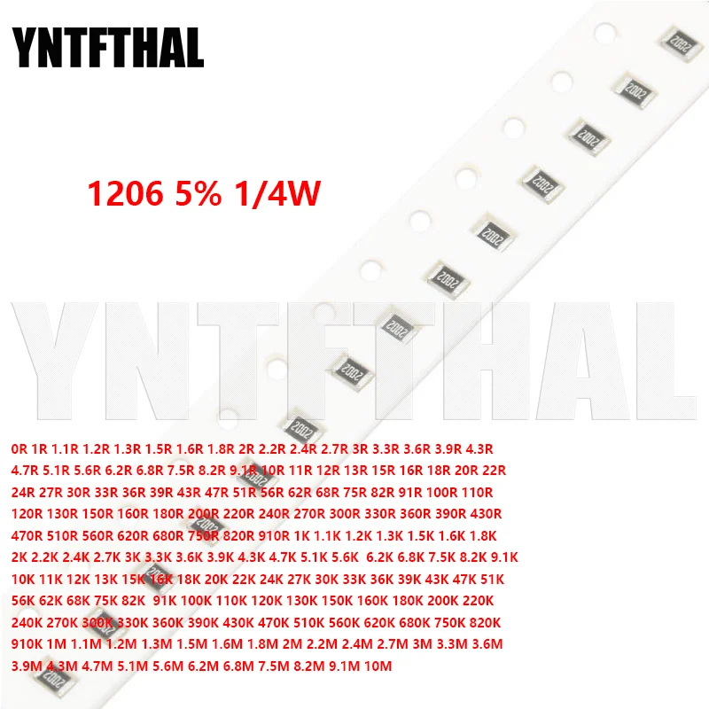 100 stücke 1206 SMD Widerstand 5% 1/4W 0R-10M 0R 1R 1,1 R 1,2 R 1,3 R 1,5 R 1,6 R 1,8 R 2R 2,2 R 2,4 R 2,7 R 3R 3,3 R 3,6 R 3,9 R 4,3 R 4,7 R 5,1 R