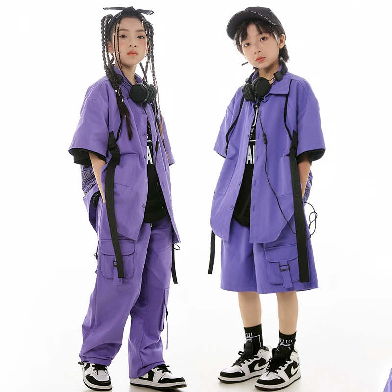 Purple Hip Hop Dance Clothes For Teen Kids Loose Shirt Pants Short Sleeves Boys Street Dance Girls Jazz Performance Suit BL12877