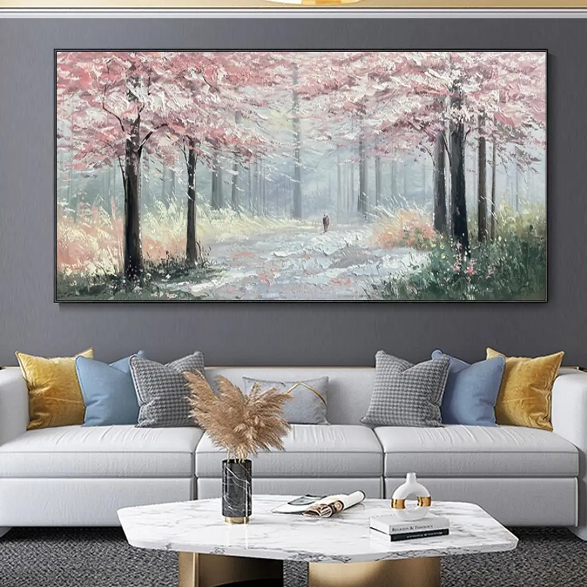 

Hand Painted Oil Painting Forest Scenery Pink Love Tree Canvas Abstract Textured Painting Living Room Wall Art Home Decoration