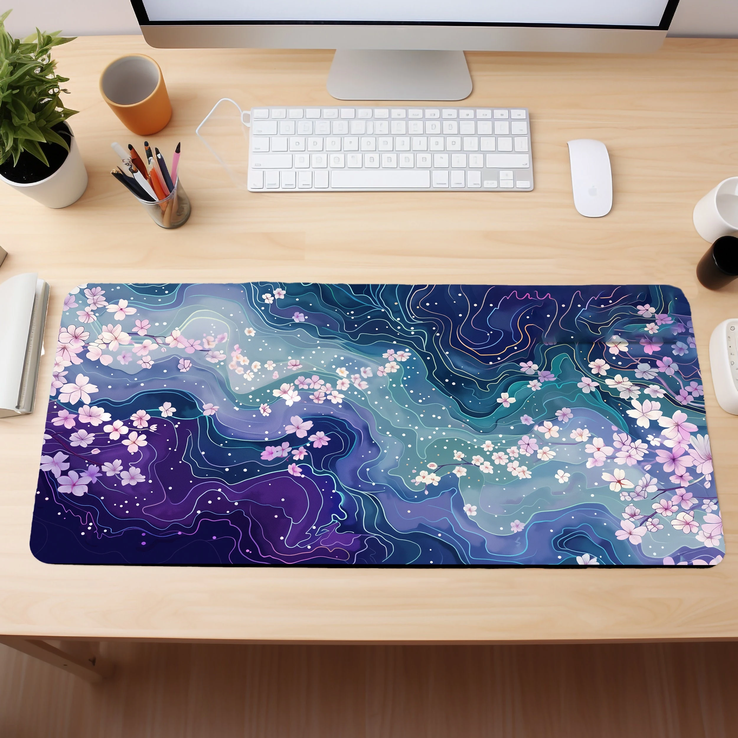 Sakura Streams Cute Desk Mat Large Mouse Pad Mouse Pads Gamer Desk Pad for Gamers or Office Non-Skid Rubber Laptop Accessories