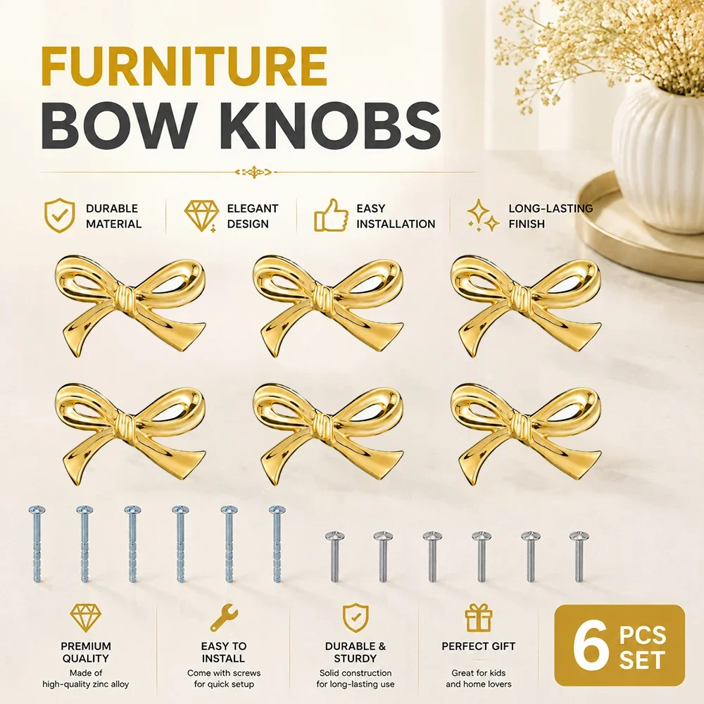 4pcs/6pcs Gold Color Bow Drawer Handle Zinc Alloy Decor Cupboard Wardrobe Closet Pulls Furniture Handle