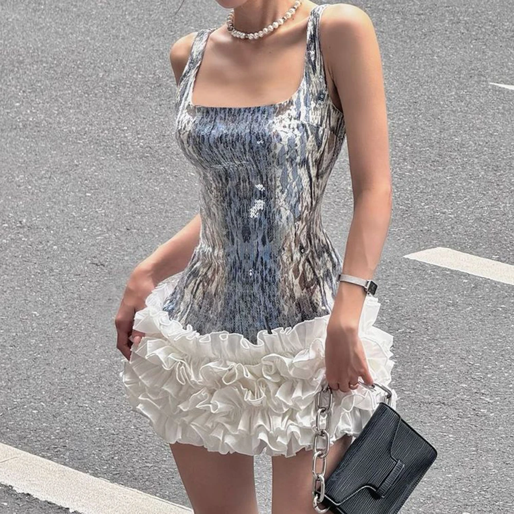 

retro style sexy square neck sleeveless dress women's autumn fashion tie-dye waist and thin hip skirt