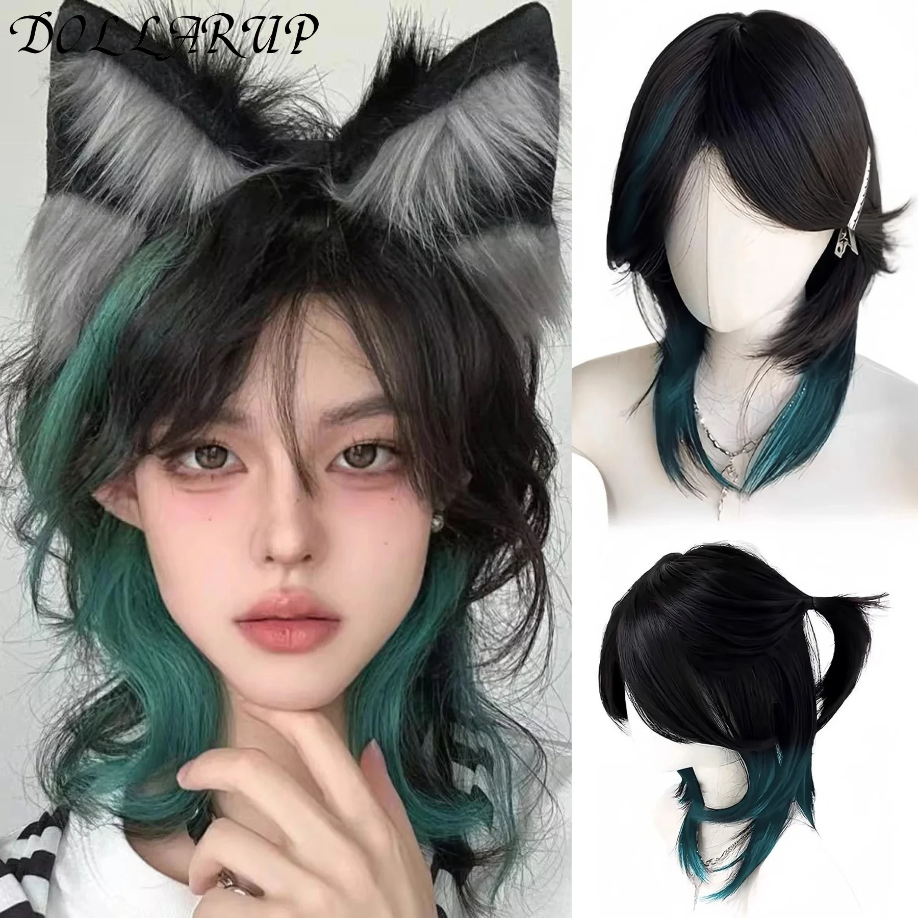 JKL Wolf-tailed Warrior Wig Synthetic Green Highlights Hanging Ears With Short Hair Daily Fluffy And Natural Mullet Wig Headgear