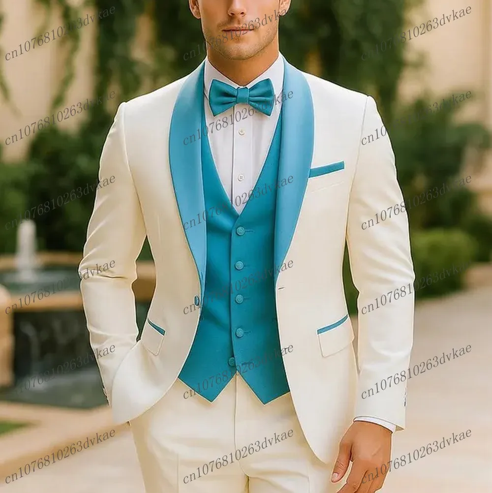 

New White And Blue Men Suit Wedding Party Formal Groom Groomsman Prom Business Male Tuxedos 3 Piece Set Jacket Vest Pants