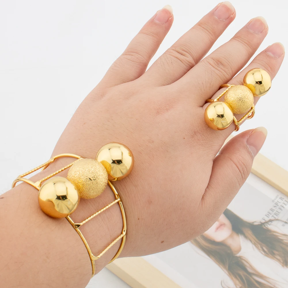 African Gold Color Jewellery Set, Beads Design Bangle and Ring