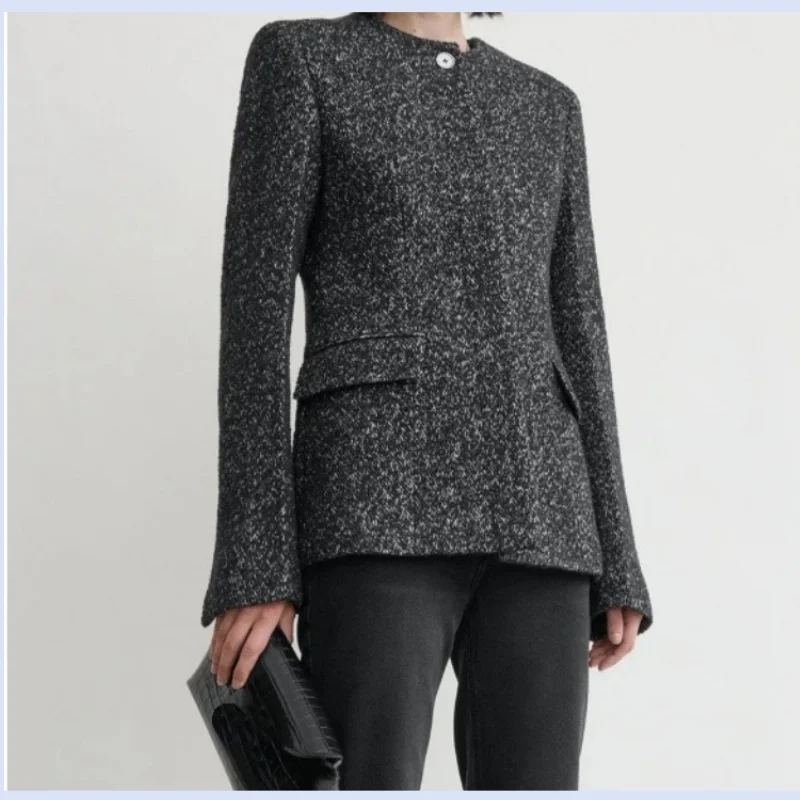 سترة خريف وشتاء جديدة من نورديك TT خفيفة فاخرة وأنيقة من مزيج الصوف برقبة دائرية وخصر