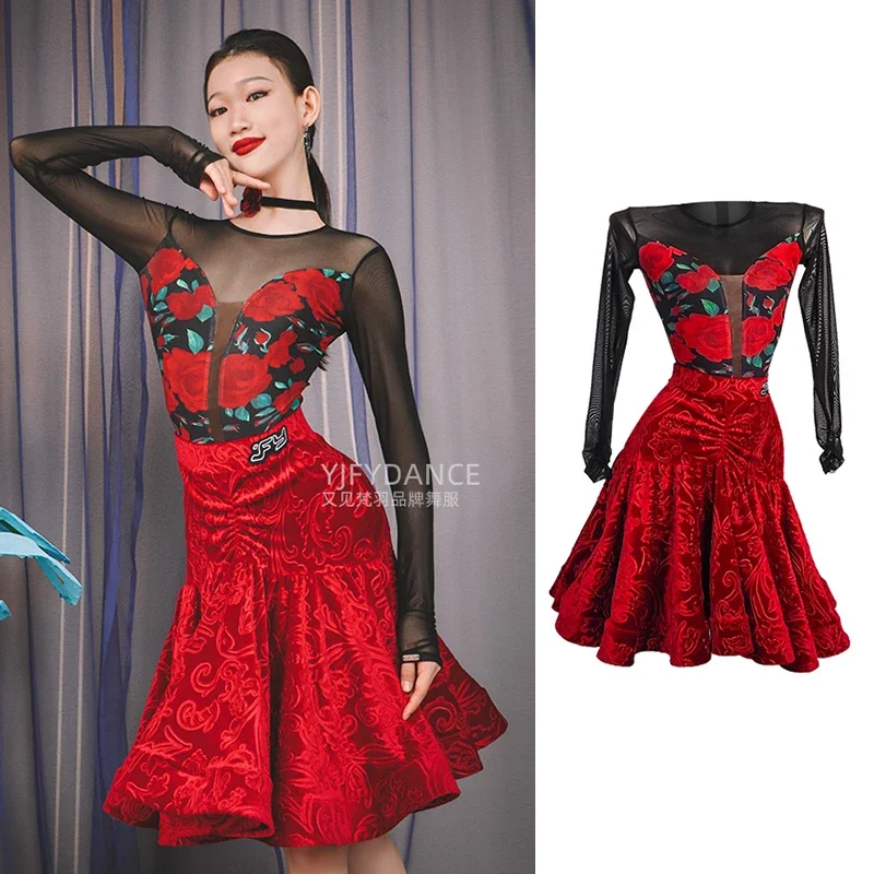 ChaCha Rumba Competition Dress Latin Dance Performance Costume Mesh Long Sleeve Tops Red Velvet Skirt Practice Clothes