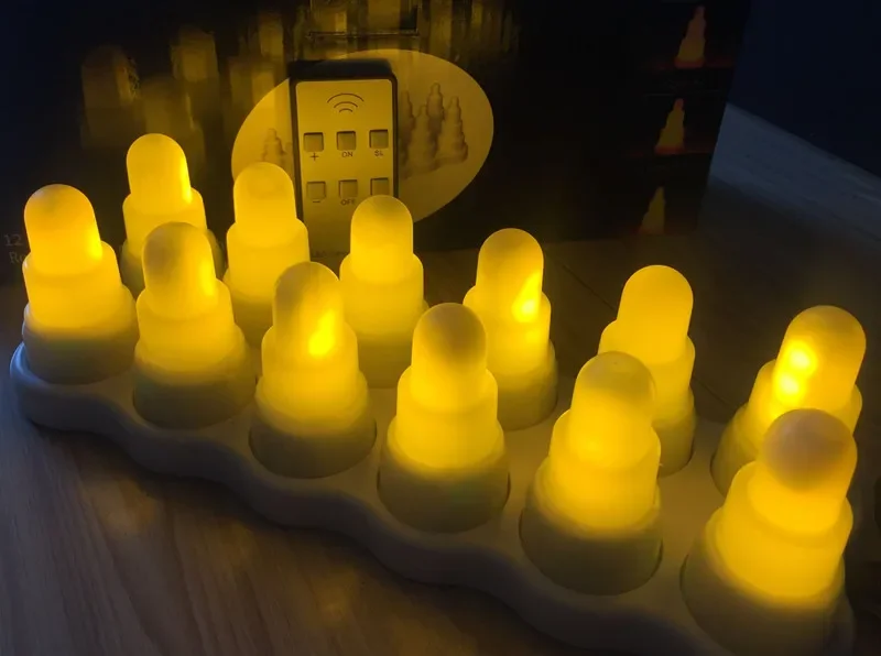 Pack of 12 Remote Controlled Wireless Rechargeable Tealight LED Candle Light Wedding Xmas Home Party Table Decoration-Amber