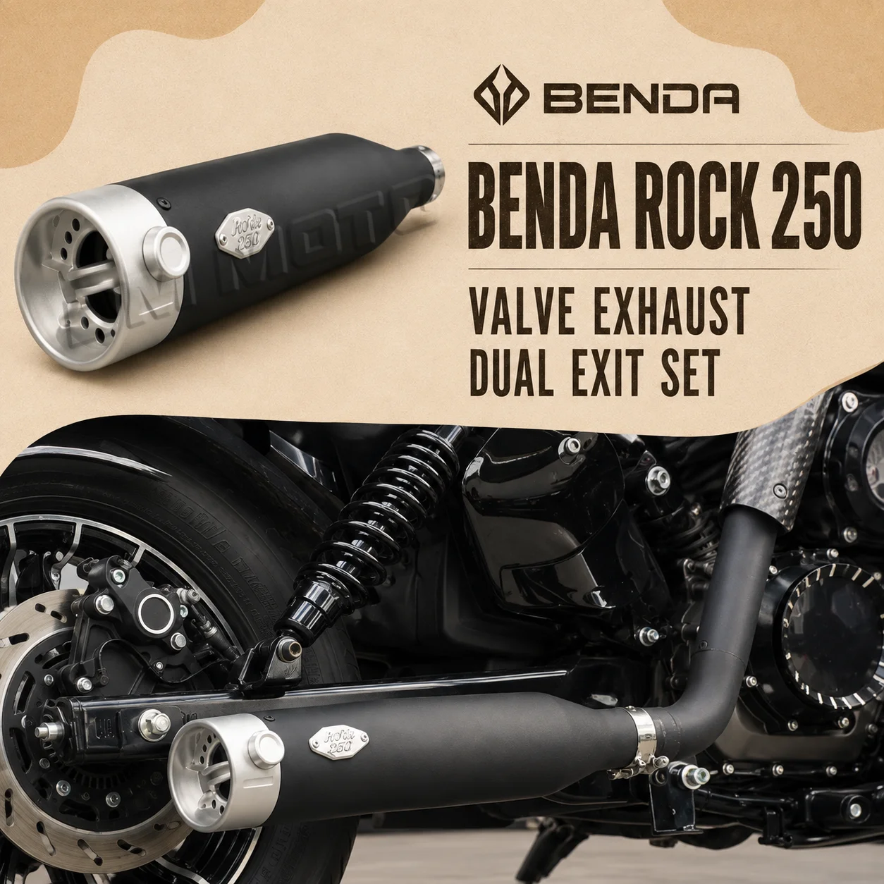 Motorcycle Full Dual Outlet Exhaust With Valve Trap Fit For BENDA ROCK 250 300, Mellow Deep Tone