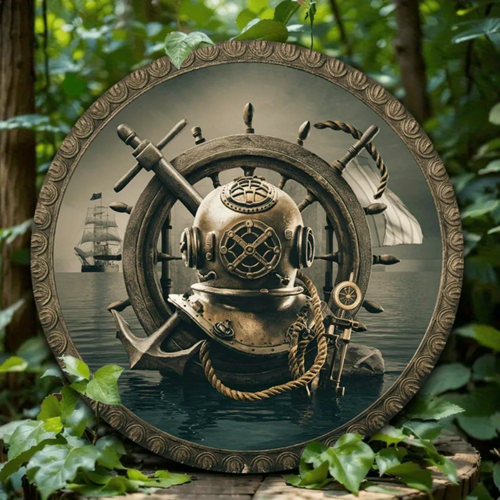 Casco de buceo náutico Vintage de aluminio de 8x8 pulgadas y letrero de rueda de barco, arte de pared creativo para el hogar, comedor, garaje, porche, Bar, 1 ud.