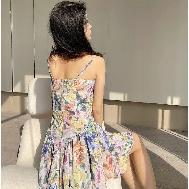 Vestido feminino colorido moda plissado com decote em v verão novo sexy sem costas estilo coreano férias cintura alta all-match vestido feminino