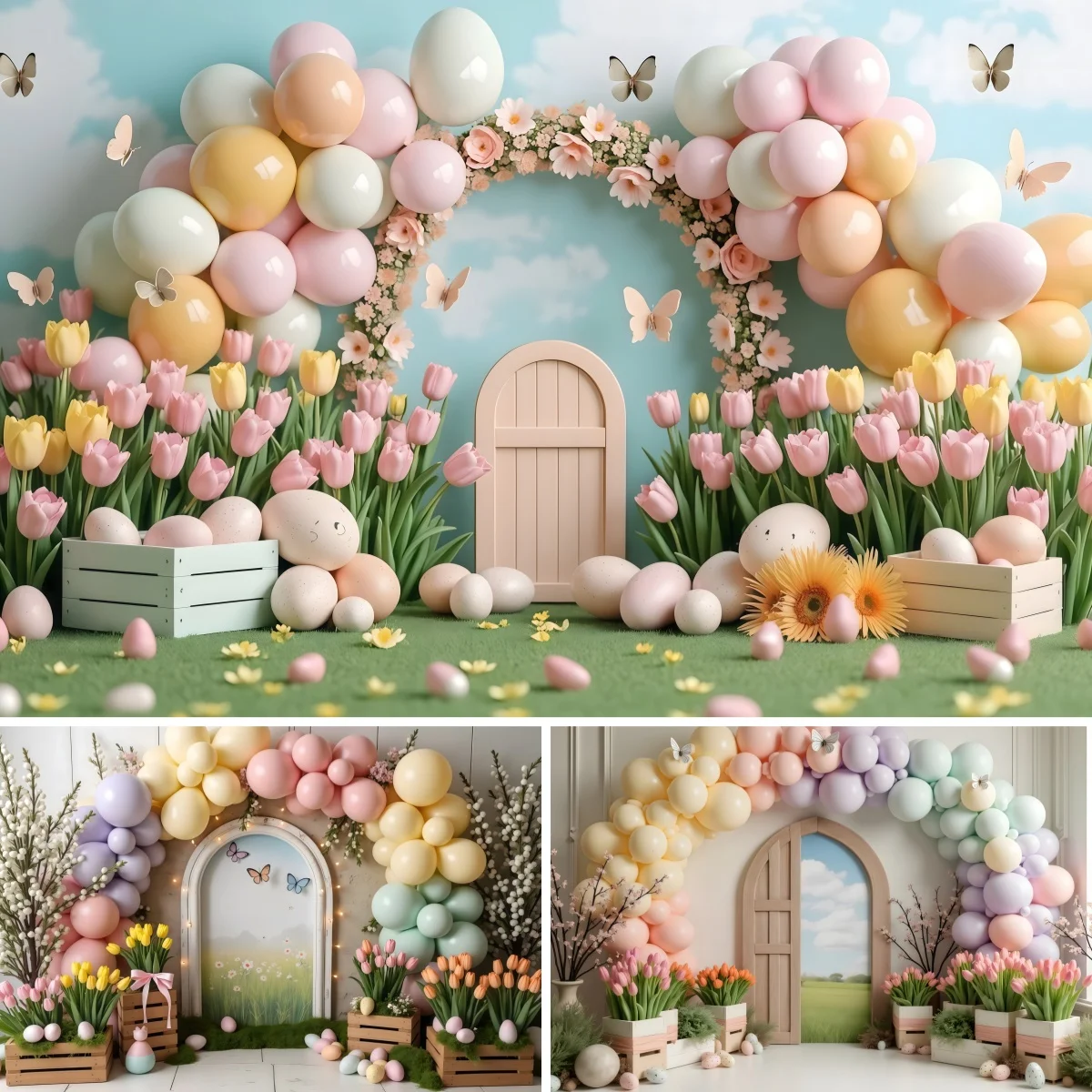 

Spring Easter Garden Photography Backdrop Colorful Balloons Arch Wall Tulip Flower Butterfly Eggs Girl Portrait Photo Background