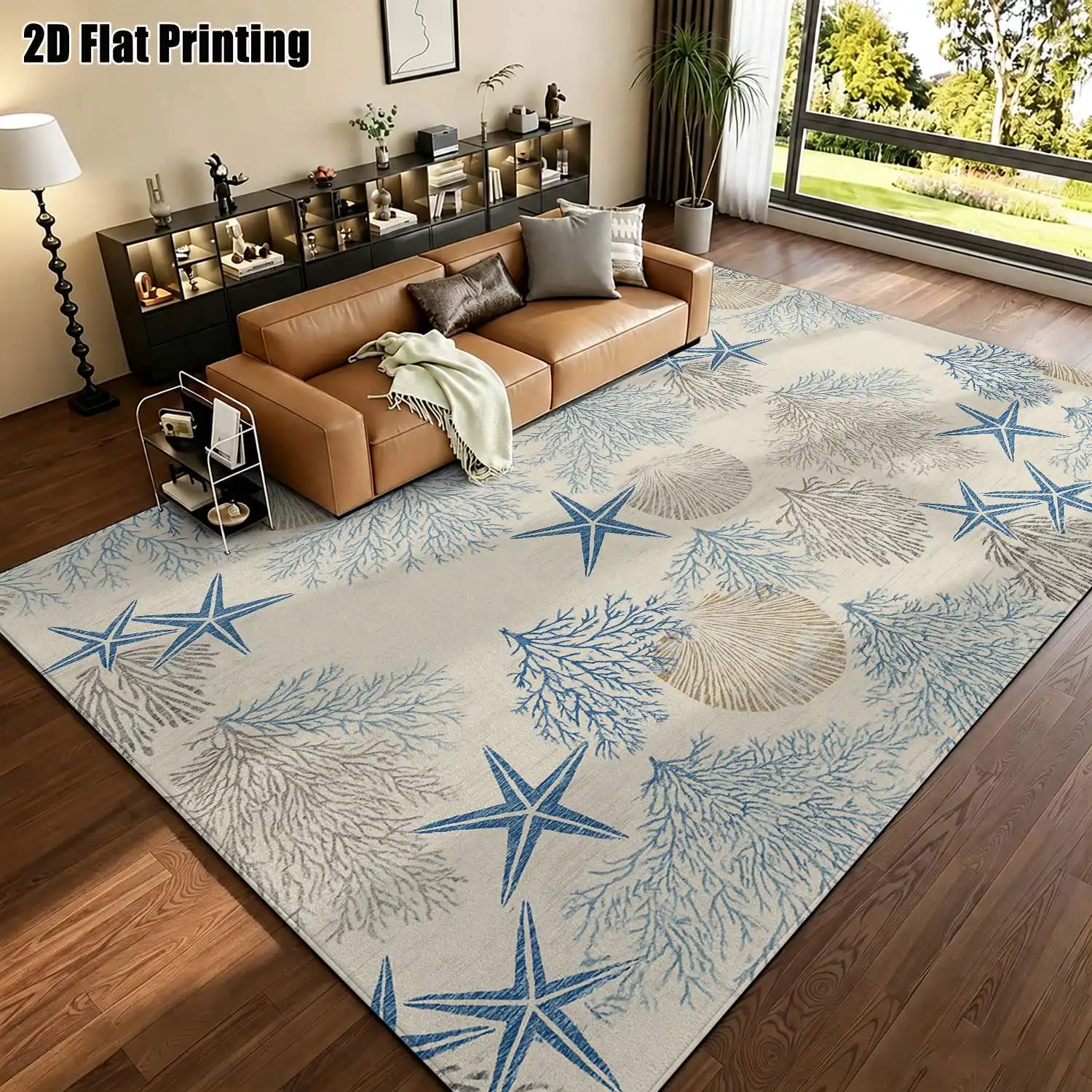 1Pc 2D Printed Blue-Grey Marine Life Carpet: Nordic Style, Instagram-Inspired, Machine Washable, Multi-Size, for Home Decor & Multi-Scene Use