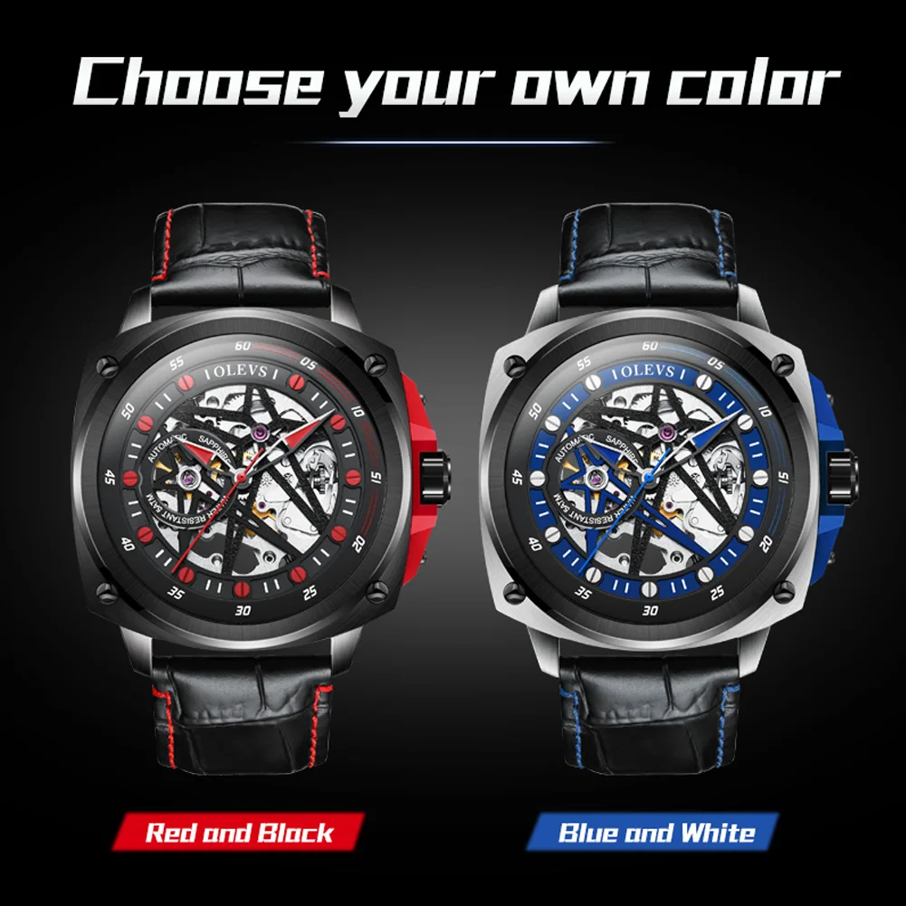 OLEVS Men\'s Watches Double Star Skeleton Original Automatic Mechanical Monvement 50m Waterproof Leather Strap Lunminous Ruby
