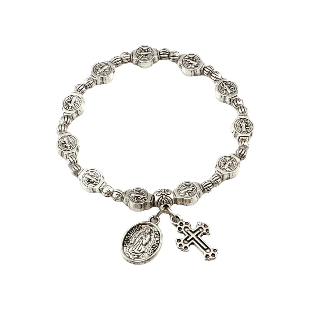 12Pcs Catholic Religious Alloy Beaded Bangles For Men Women Christ Juses Cross Virgin Mary Pendant Bracelets C-79