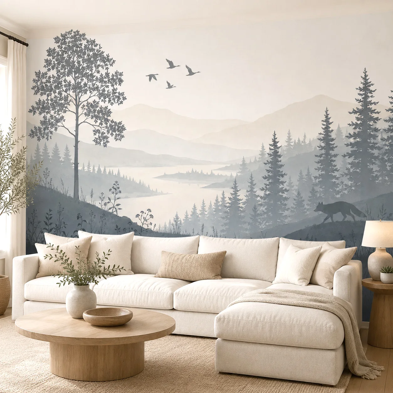 Watercolor Mountain Forest Fox Wall Mural, Lake & Pine Tree Background Wall Decor, Requires Glue Installation