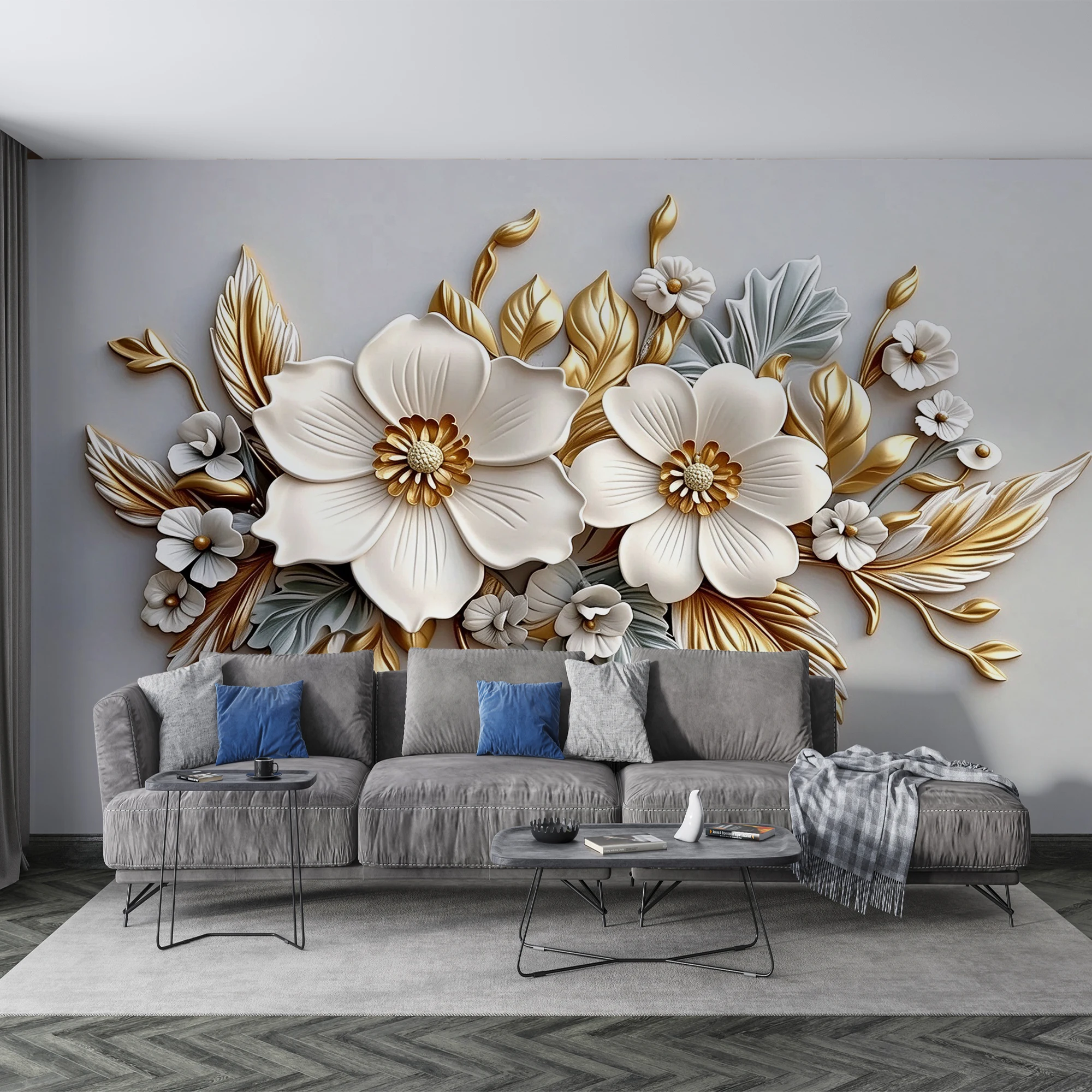 Custom 3D Relief White Gold Floral Mural Embossed Sculpture Wallpaper Luxury Flower Wall Mural for Living Room Home Decor
