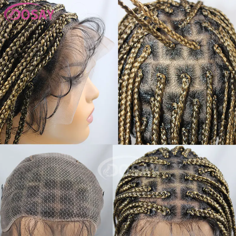 Perucas sintéticas trançadas para mulheres negras, ombre, loira, frente cheia do laço, trançada caixa, cabelo do bebê, peruca afro, 12 in