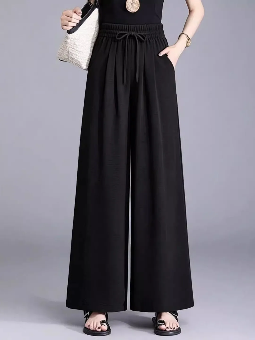 High Waist Wide Leg Pants Women's Nine Points Casual Trousers Korean Style Draped Loose Fit Straight Cut Polyester Fiber
