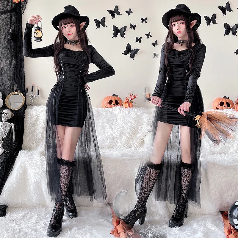 Długa gotycka szata kostium na Halloween czarownica mag sceniczny występ odgrywanie ról cosplay odzież damska etniczny strój sceniczny