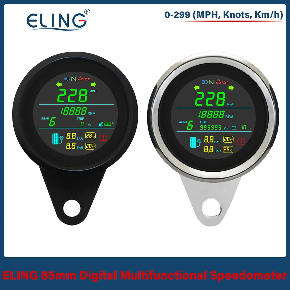 ELING Digital 85mm GPS Speedometer Odometer with Tire Pressure Temperature Alarm Tachometer Fuel Level Gauge Volt for Motorcycle