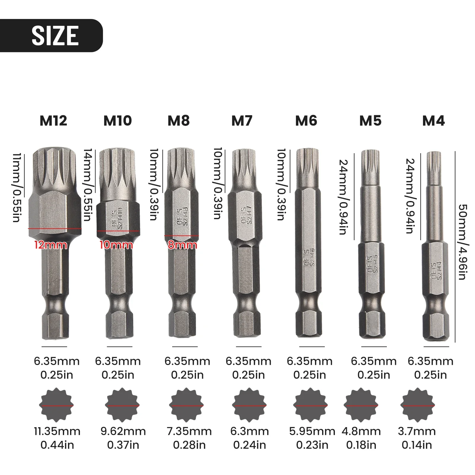 7Pcs 1/4\'\' Hex Shank 12 Point Torx Screwdriver Bit 6.35mm Hex Shank Magnetic Impact Socket Bit 50mm M5 M6 M7 M8 M10 M 12