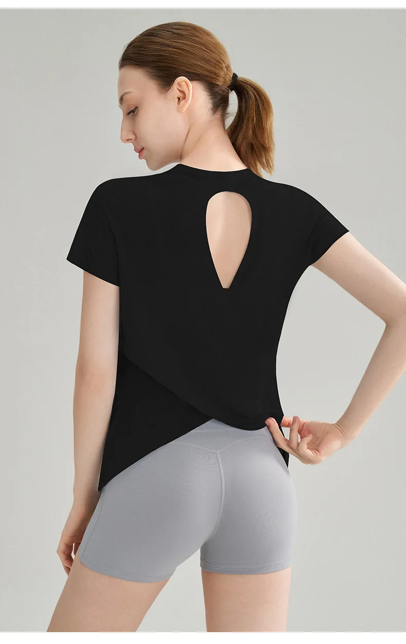 Bambusgarn-Sport-T-Shirt mit schönem Rückendesign, Yoga-Kleidung, Oberteil, schnell trocknendes Fitness-Shirt mit kurzen Ärmeln – Detail 6