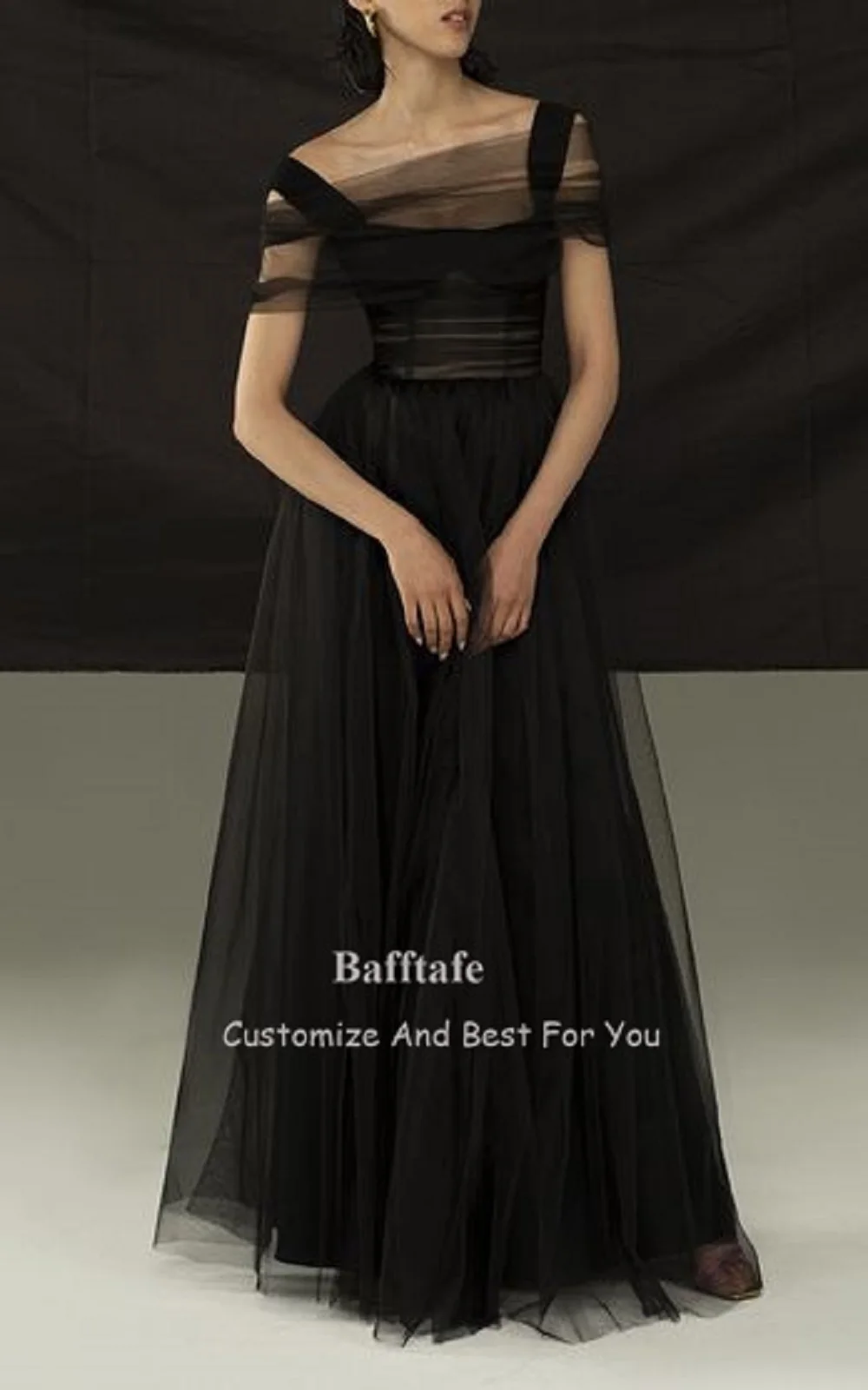 Bafftafe Simple Black Tulle Prom Evening Dresses For Women Customized Floor Length Formal Event Special Occasion Party Dress