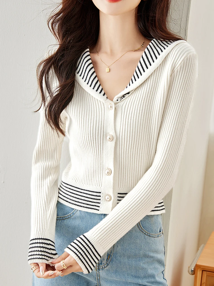 Spring Fall Fashion Navy Collar Knitted Cardigan Women Casual Versatile Long Sleeve Sweater Retro Loose Short Top Coat