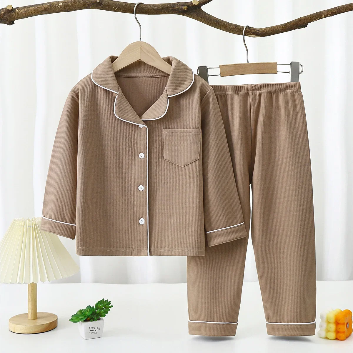 Spring Children's Pajamas Set 2025 Cute Solid color Kids Pijama Boy Girl Sleepwear Long-Sleeved Pants Loungewear 2 4 6 8 10 Year