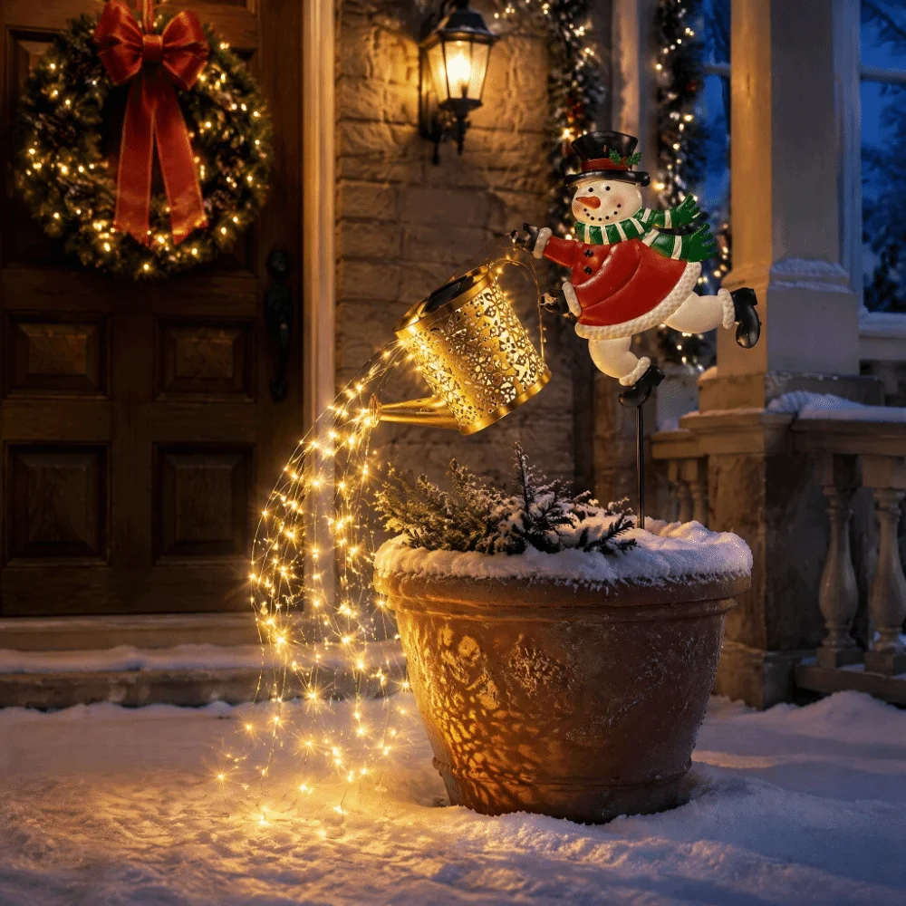 Warm LED String Christmas Snowman Light Outdoor Solar Powered Hanging Design Snowman Watering Can Decoration Fairy String Light