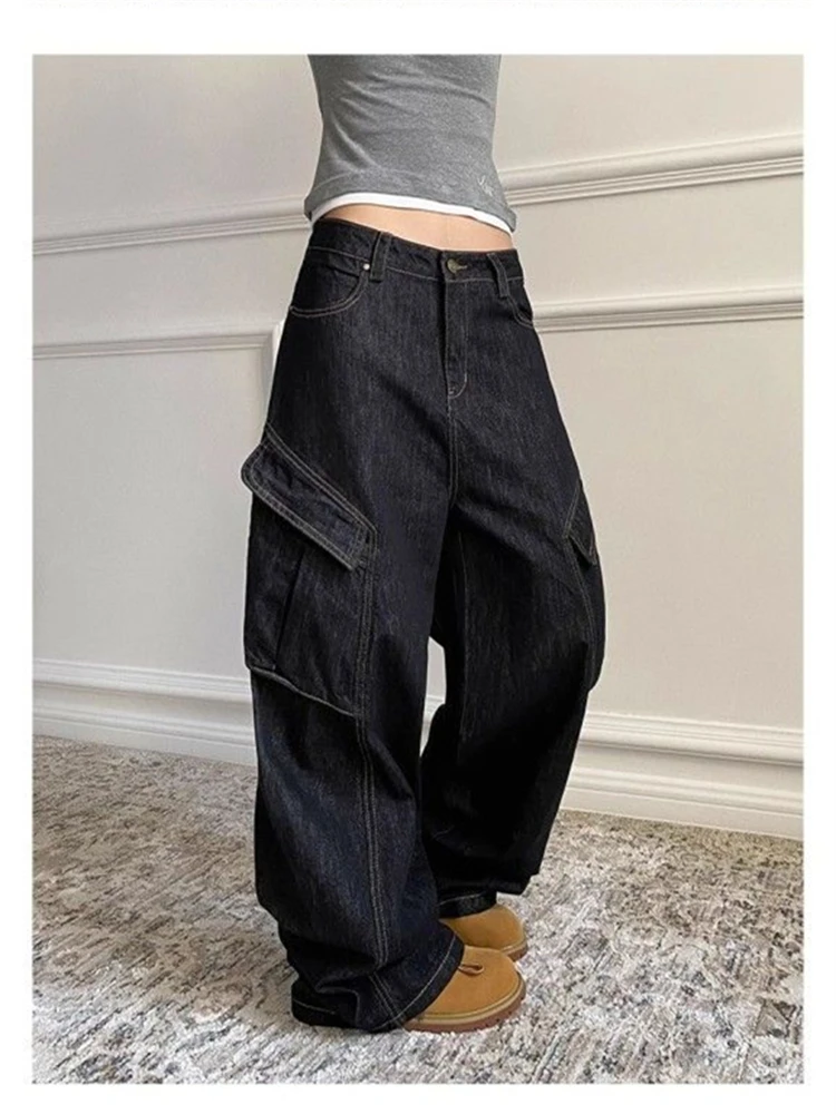 Women's Loose Wide Leg Large Pockets Jeans Cool Girl High Waisted Streetwear Fashion Pants Female Casual Denim Trouser