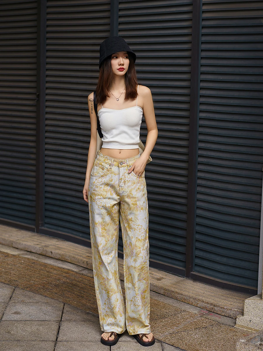 

Элегантные женские джинсы с высокой талией и прямым кроем, модные винтажные длинные брюки с принтом, повседневный стиль, лето 2026